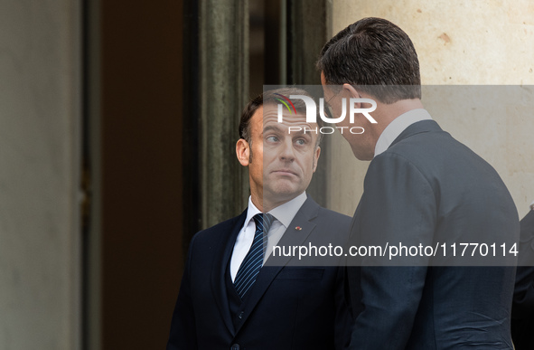 French President Emmanuel Macron receives NATO Secretary General Mark Rutte at the Elysee Palace in Paris, France, on November 12, 2024. 