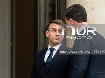 French President Emmanuel Macron receives NATO Secretary General Mark Rutte at the Elysee Palace in Paris, France, on November 12, 2024. (