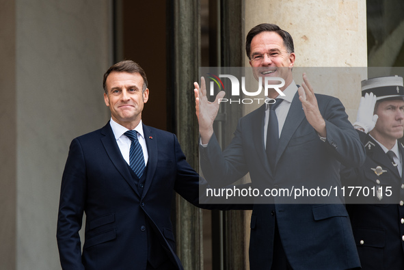 French President Emmanuel Macron receives NATO Secretary General Mark Rutte at the Elysee Palace in Paris, France, on November 12, 2024. 