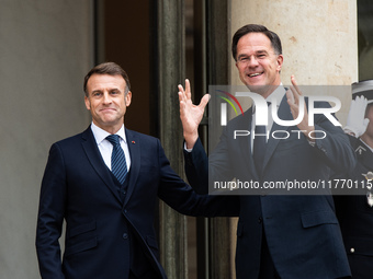 French President Emmanuel Macron receives NATO Secretary General Mark Rutte at the Elysee Palace in Paris, France, on November 12, 2024. (