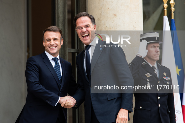 French President Emmanuel Macron receives NATO Secretary General Mark Rutte at the Elysee Palace in Paris, France, on November 12, 2024. 