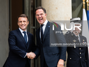 French President Emmanuel Macron receives NATO Secretary General Mark Rutte at the Elysee Palace in Paris, France, on November 12, 2024. (