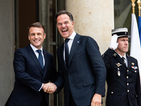 French President Emmanuel Macron receives NATO Secretary General Mark Rutte at the Elysee Palace in Paris, France, on November 12, 2024. (