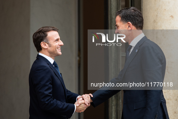 French President Emmanuel Macron receives NATO Secretary General Mark Rutte at the Elysee Palace in Paris, France, on November 12, 2024. 