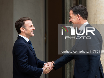 French President Emmanuel Macron receives NATO Secretary General Mark Rutte at the Elysee Palace in Paris, France, on November 12, 2024. (