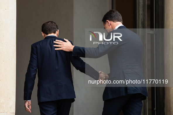 French President Emmanuel Macron receives NATO Secretary General Mark Rutte at the Elysee Palace in Paris, France, on November 12, 2024. 