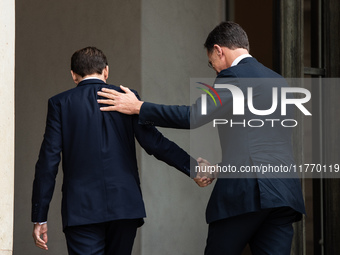 French President Emmanuel Macron receives NATO Secretary General Mark Rutte at the Elysee Palace in Paris, France, on November 12, 2024. (