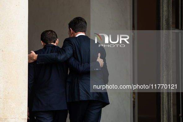 French President Emmanuel Macron receives NATO Secretary General Mark Rutte at the Elysee Palace in Paris, France, on November 12, 2024. 