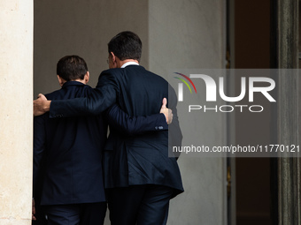 French President Emmanuel Macron receives NATO Secretary General Mark Rutte at the Elysee Palace in Paris, France, on November 12, 2024. (