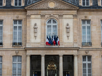 French President Emmanuel Macron receives NATO Secretary General Mark Rutte at the Elysee Palace in Paris, France, on November 12, 2024. (