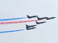 The ''August 1'' aerobatic team of the Chinese Air Force flies a J-10C during a demonstration at the 2024 Zhuhai Air Show in Zhuhai, China,...