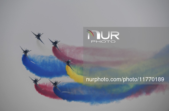 The ''August 1'' aerobatic team of the Chinese Air Force flies a J-10C during a demonstration at the 2024 Zhuhai Air Show in Zhuhai, China,...