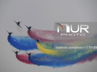 The ''August 1'' aerobatic team of the Chinese Air Force flies a J-10C during a demonstration at the 2024 Zhuhai Air Show in Zhuhai, China,...