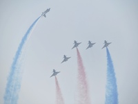 The ''August 1'' aerobatic team of the Chinese Air Force flies a J-10C during a demonstration at the 2024 Zhuhai Air Show in Zhuhai, China,...