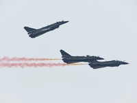 The ''August 1'' aerobatic team of the Chinese Air Force flies a J-10C during a demonstration at the 2024 Zhuhai Air Show in Zhuhai, China,...