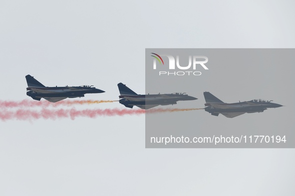 The ''August 1'' aerobatic team of the Chinese Air Force flies a J-10C during a demonstration at the 2024 Zhuhai Air Show in Zhuhai, China,...