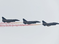 The ''August 1'' aerobatic team of the Chinese Air Force flies a J-10C during a demonstration at the 2024 Zhuhai Air Show in Zhuhai, China,...