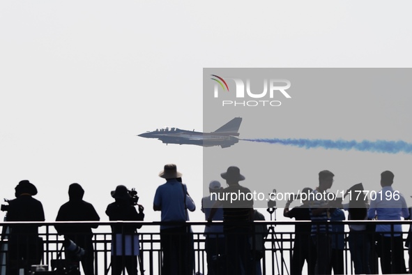 The ''August 1'' aerobatic team of the Chinese Air Force flies a J-10C during a demonstration at the 2024 Zhuhai Air Show in Zhuhai, China,...