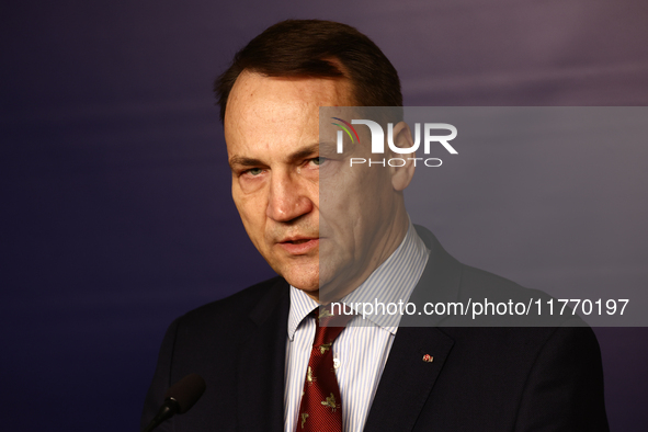 Minister of Foreign Affairs of Poland Radoslaw Sikorski during the press conference in Warsaw, Poland on November 12, 2024. 