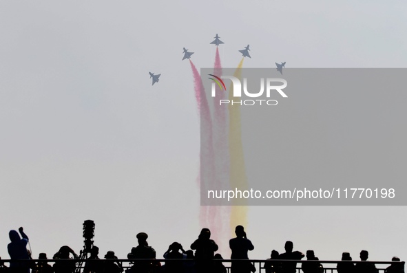 The ''August 1'' aerobatic team of the Chinese Air Force flies a J-10C during a demonstration at the 2024 Zhuhai Air Show in Zhuhai, China,...