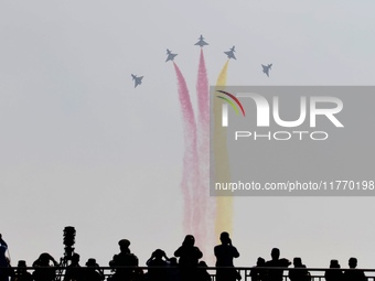 The ''August 1'' aerobatic team of the Chinese Air Force flies a J-10C during a demonstration at the 2024 Zhuhai Air Show in Zhuhai, China,...