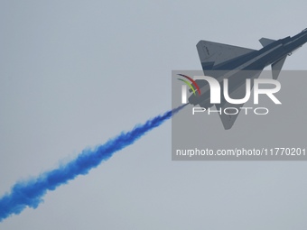 The ''August 1'' aerobatic team of the Chinese Air Force flies a J-10C during a demonstration at the 2024 Zhuhai Air Show in Zhuhai, China,...