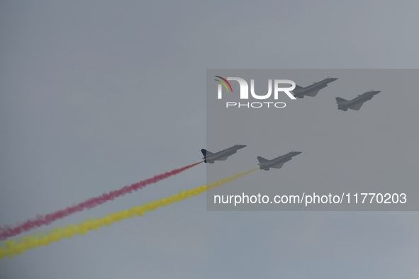 The ''August 1'' aerobatic team of the Chinese Air Force flies a J-10C during a demonstration at the 2024 Zhuhai Air Show in Zhuhai, China,...