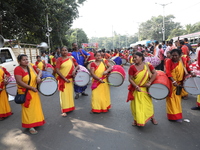 People participate in a protest rally against the attacks on Hindu minorities in neighboring Bangladesh, currently under the rule of an inte...