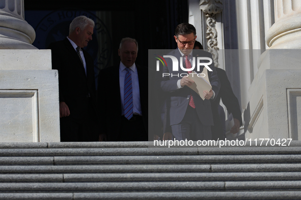 House Majority Whip Tom Emmer (R-MN), Leader Steve Scalise (R-LA) and House Speaker Mike Johnson (R-LA) walk to a press conference on the st...