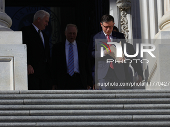 House Majority Whip Tom Emmer (R-MN), Leader Steve Scalise (R-LA) and House Speaker Mike Johnson (R-LA) walk to a press conference on the st...