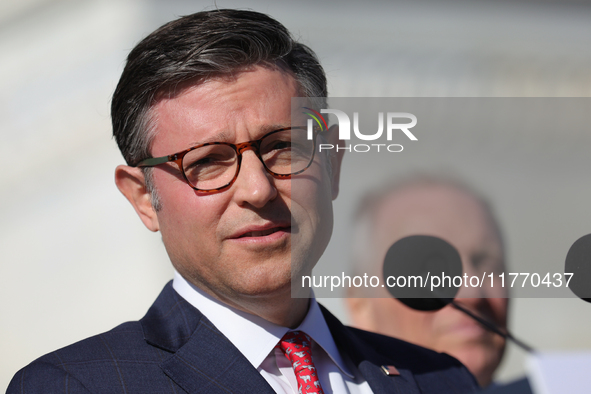 House Speaker Mike Johnson (R-LA), speaks at a GOP press conference on the steps of the U.S. Capitol in Washington, D.C. on November 12, 202...