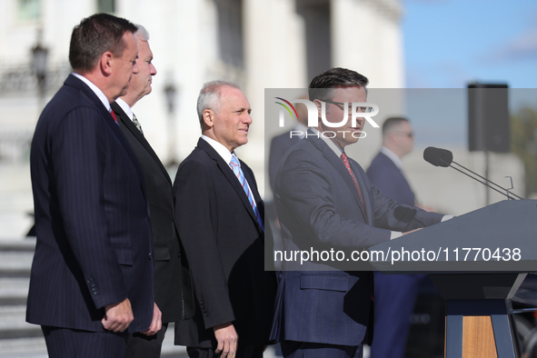 House Speaker Mike Johnson (R-LA), speaks at a GOP press conference on the steps of the U.S. Capitol in Washington, D.C. on November 12, 202...