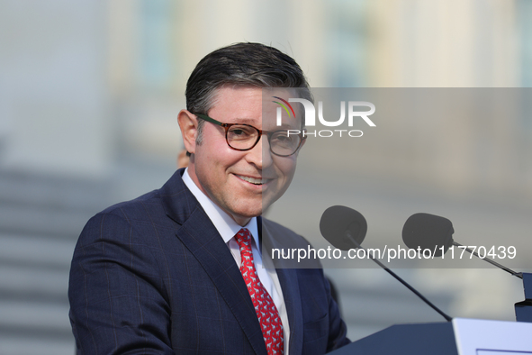 House Speaker Mike Johnson (R-LA), speaks at a GOP press conference on the steps of the U.S. Capitol in Washington, D.C. on November 12, 202...