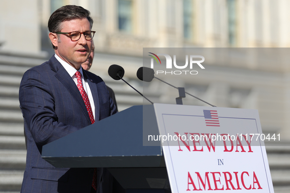 House Speaker Mike Johnson (R-LA), speaks at a GOP press conference on the steps of the U.S. Capitol in Washington, D.C. on November 12, 202...