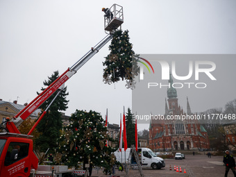 Workers are erecting a Christmas Tree at the Podgorski Square in Krakow, Poland on November 12th, 2024. (