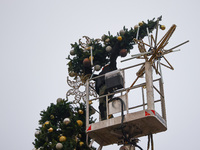 Workers are erecting a Christmas Tree at the Podgorski Square in Krakow, Poland on November 12th, 2024. (