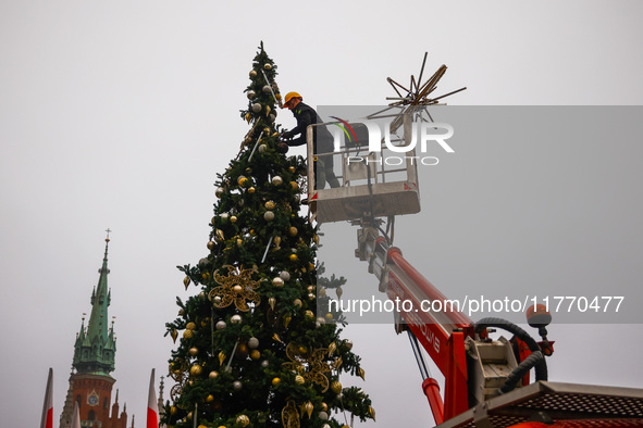 Workers are erecting a Christmas Tree at the Podgorski Square in Krakow, Poland on November 12th, 2024. 