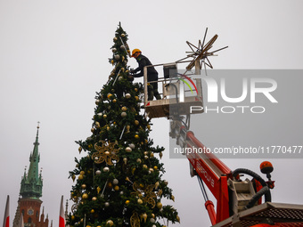 Workers are erecting a Christmas Tree at the Podgorski Square in Krakow, Poland on November 12th, 2024. (