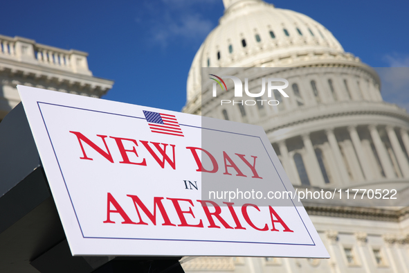 A podium sign reads 'New Day in America' before a GOP press conference on the steps of the U.S. Capitol in Washington, D.C. on November 12,...