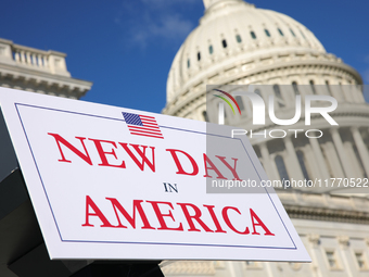 A podium sign reads 'New Day in America' before a GOP press conference on the steps of the U.S. Capitol in Washington, D.C. on November 12,...