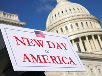 A podium sign reads 'New Day in America' before a GOP press conference on the steps of the U.S. Capitol in Washington, D.C. on November 12,...