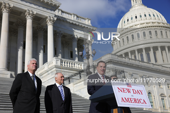 Chair of the National Republican Congressional Committee Rep. Richard Hudson (R-NC), flanked by House Majority Whip Tom Emmer (R-MN), Leader...