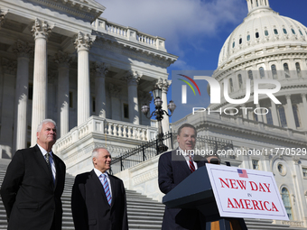 Chair of the National Republican Congressional Committee Rep. Richard Hudson (R-NC), flanked by House Majority Whip Tom Emmer (R-MN), Leader...