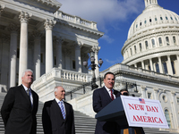 Chair of the National Republican Congressional Committee Rep. Richard Hudson (R-NC), flanked by House Majority Whip Tom Emmer (R-MN), Leader...