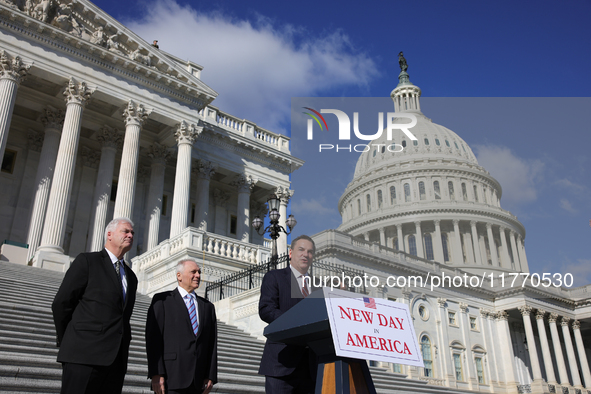 Chair of the National Republican Congressional Committee Rep. Richard Hudson (R-NC), flanked by House Majority Whip Tom Emmer (R-MN), Leader...