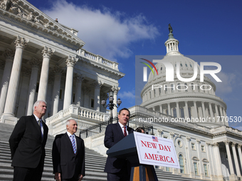 Chair of the National Republican Congressional Committee Rep. Richard Hudson (R-NC), flanked by House Majority Whip Tom Emmer (R-MN), Leader...