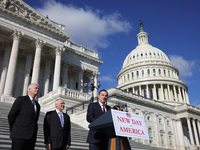 Chair of the National Republican Congressional Committee Rep. Richard Hudson (R-NC), flanked by House Majority Whip Tom Emmer (R-MN), Leader...