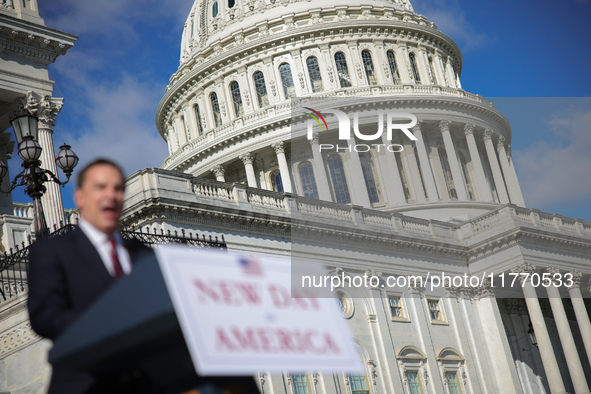 The U.S. Capitol building is seen beyond Chair of the National Republican Congressional Committee Rep. Richard Hudson (R-NC) as he speaks at...