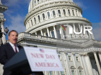 The U.S. Capitol building is seen beyond Chair of the National Republican Congressional Committee Rep. Richard Hudson (R-NC) as he speaks at...