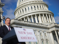 The U.S. Capitol building is seen beyond Chair of the National Republican Congressional Committee Rep. Richard Hudson (R-NC) as he speaks at...